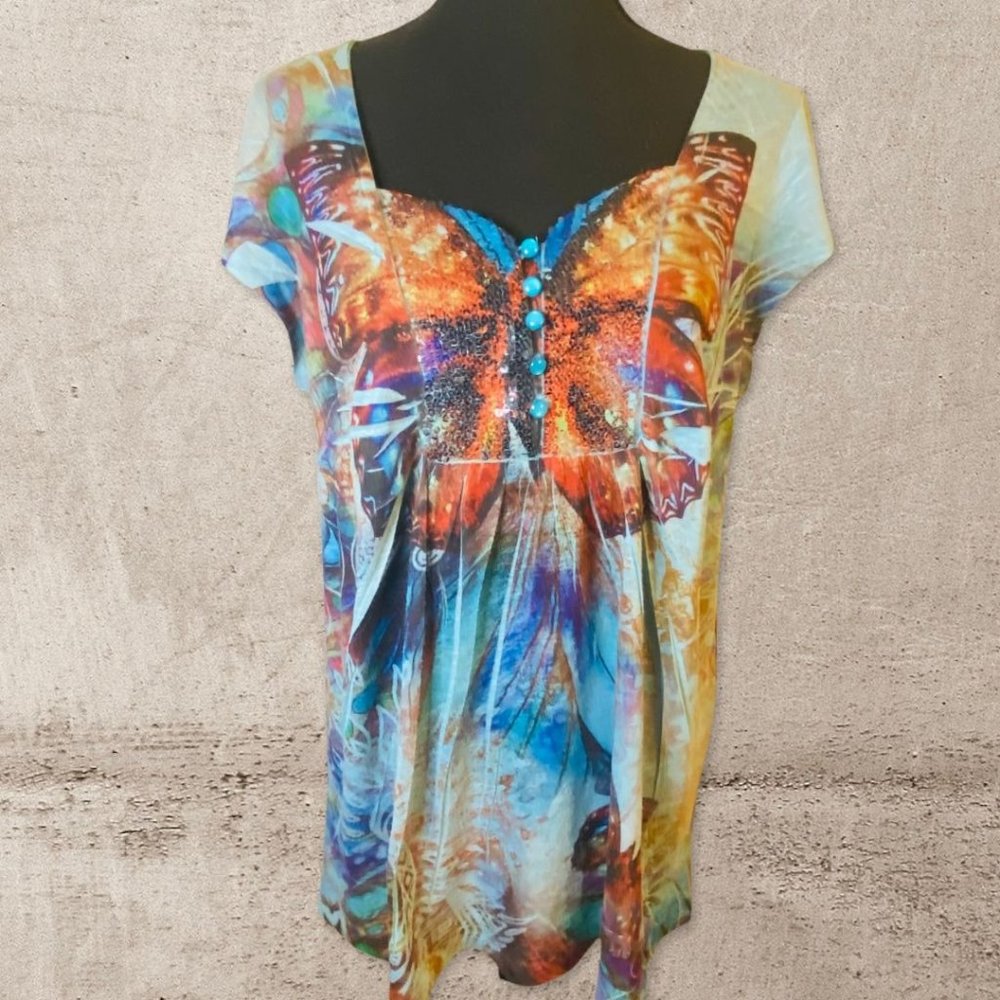 One World Beautiful Butterfly Sequins Front Flowy Boho Top XL Blue Hippie Art